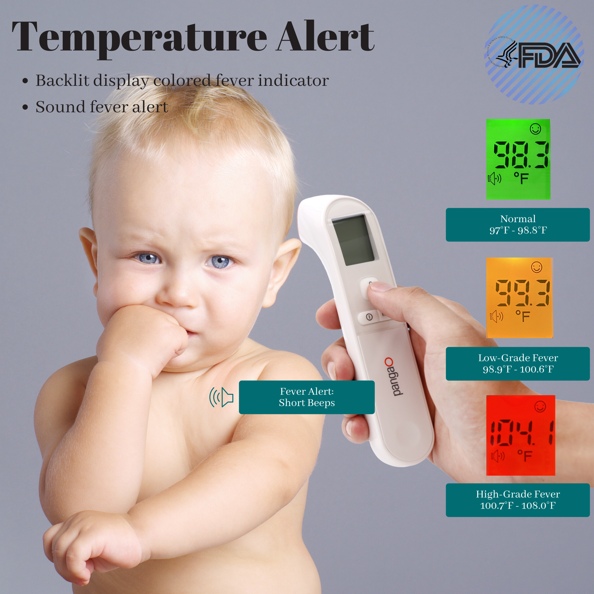 FDA Approved Non-Contact Body Thermometer with 3 Color Alarm Backlight